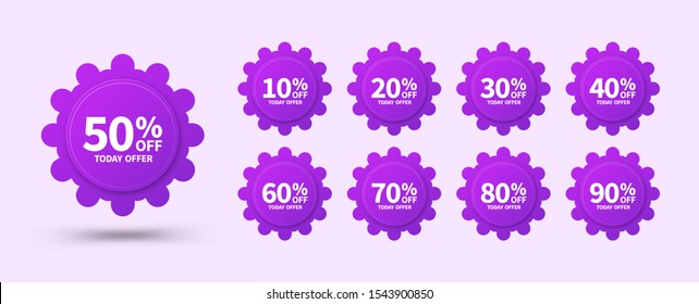 Today offer. Sale tags set template, up to 10, 20, 30, 40, 50, 60, 70, 80, 90 percent off. Templates ready for use in ad design, web and print design. Trendy discount banners or stickers.