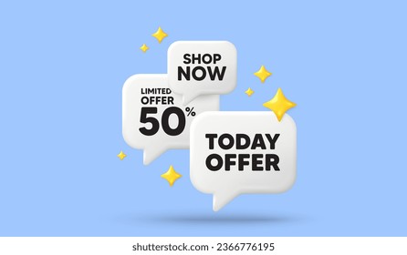 Today offer tag. 3d offer chat speech bubbles. Special sale price sign. Advertising discounts symbol. Today offer speech bubble 3d message. Talk box stars banner. Vector