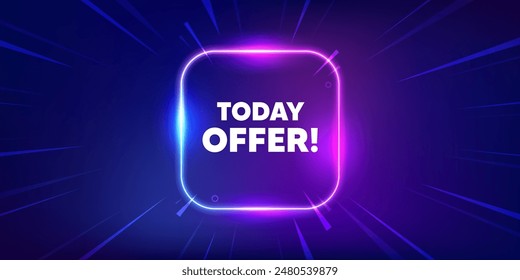 Today offer tag. Neon light frame box banner. Special sale price sign. Advertising discounts symbol. Today offer neon light frame message. Vector