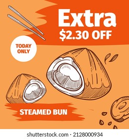 Today only buy and save money, special steamed bun on menu. Chinese cuisine and food, tasty dishes with meat filling and seasoning. Vegetables and spices on bread. Vector in flat style advertisement