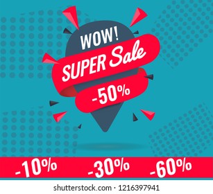 Today Only Mega Sale banner. Big super sale, flat 50% off. Vector illustration, special offer, up to 10% 30% 50% 60%