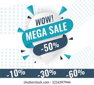 Today Only Mega Sale banner. Big super sale, flat 50% off. Vector illustration, special offer, up to 10% 30% 50% 60%