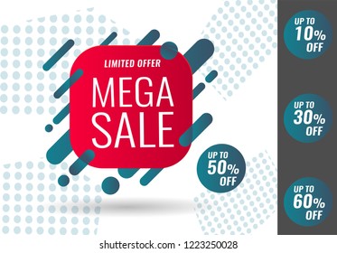 Today Only Mega Sale banner. Big super sale, flat 50% off. Vector illustration, special offer, up to 10% 30% 50% 60%