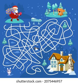 Today Santa Claus is going to village. Which road should he take? Which way should he choose to carry gifts to animals? Which is the shortest path? Labyrinth for children. Vector illustration.