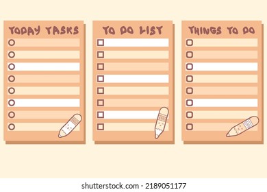 Colección de plantillas de lista de comprobación de tareas de hoy. Concepto de empresa, organizador de la educación para papel, papelería. Ilustración vectorial dibujada a mano para la decoración y el diseño.
