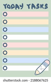 Today tasks checklist template with cute pencil. Business, education organizer concept for paper, stationery. Hand drawn vector illustration for decor and design.

