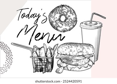 Today's Menu cover design with doughnut, soda can, wedges, burger. Hand drawn vector food assets with outline and fill grouped separately. Side and top view. 