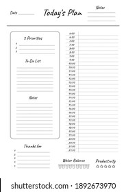 Today's Plan planner printable template Vector. Blank white notebook page A4. Business organizer schedule page for a day for effective planning. Paper sheet. Vector illustration design