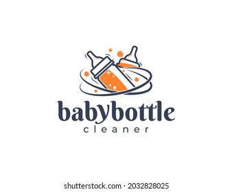 Toddler baby bottle cleaning service logo design illustration