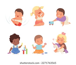 Toddler baby in everyday activities set. Adorable boys and girls playing toys, crying cartoon vector illustration