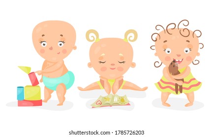 Toddler or Baby Playing with Toys and Reading Book Vector Illustration Set