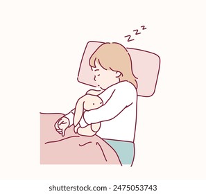 toddler baby sleeping on a bed at night. Hand drawn style vector design illustrations.