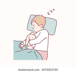 toddler baby sleeping on a bed at night. Hand drawn style vector design illustrations.