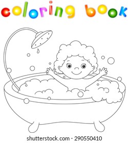 toddler bathing in the bath with foam and laughing. Coloring book. Vector illustration