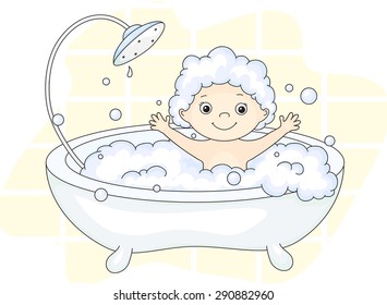 Ã�Â¡ute toddler bathing in the bath with foam and laughing. Vector illustration