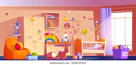 Toddler bedroom with furniture and toys. Vector cartoon illustration of light room with large window, crib, wardrobe, drawer and soft armchair, robot, rocket, cubes in box, rocking horse, wooden car