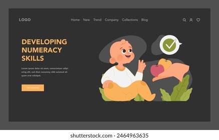 Toddler with big smile learning to count using colorful apples. Early stages of numeracy skills development. Parents support in small child education and discovering of world. Flat vector illustration