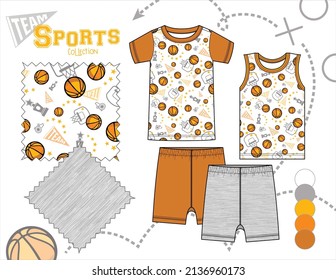 Toddler Boy Basketball Pattern Pajamas Shorts Set Apparel  Illustration on White Background