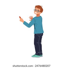 Toddler boy in cap drawing with chalk standing on tiptoes flat color vector illustration. Little child doing street art concept icon on white background