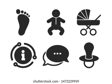Toddler boy with diapers symbol. Chat, info sign. Baby infants icons. Buggy and dummy signs. Child pacifier and pram stroller. Child footprint step sign. Classic style speech bubble icon. Vector