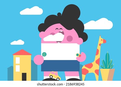 Toddler boy eating cloud on street vector illustration. Tall child catch cloud with mouth flat style. Fun, childhood, outdoors concept