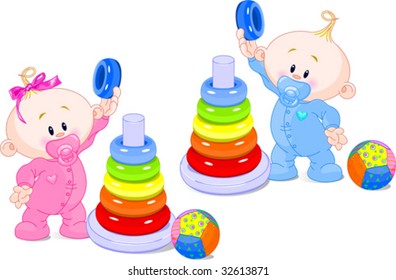 The toddler boy and girl plays developing game. Color pyramid.