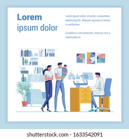 Toddler Boy and His Loving Mom and Dad in Local Outpatient Clinic. Doctor at Desk, Seeing Patients, Commenting X-Ray Images on Monitor Screen. Flat Vector Banner with Copy Space for Extra Text.