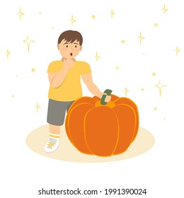 A toddler boy is holding a big pumpkin and looking surprised