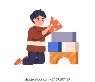 Niño pequeño jugando con bloques de construcción, construcción de torres. Lindo niño preescolar feliz, juego en casa. Niño de jardín de infantes con ladrillos de juguete. Ilustración vectorial plana aislada sobre fondo blanco