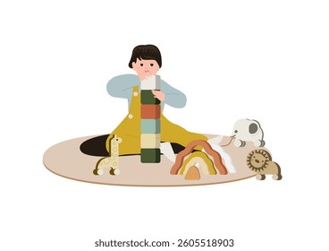 Toddler boy playing with building blocks, tower construction. Cute happy preschool kid, game at home. Kindergarten child with toy bricks. Flat vector illustration isolated on white background
