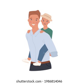 A toddler boy rides piggy back on his father's shoulders. Happy fathers day. Vector illustration in a flat style