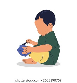 Toddler boy sits playing with a blue lunchbox and spoon. Simple line art style, wearing a green shirt and yellow pants. Cute and engaging
