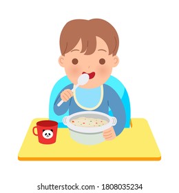 Toddler boy sitting on baby chair eating a bowl of porridge. Happy parenting illustration. World children's day. Flat vector isolated in white background.