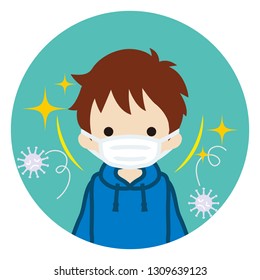 Toddler boy wearing a mask for prevent flu virus - front view, Circular icon