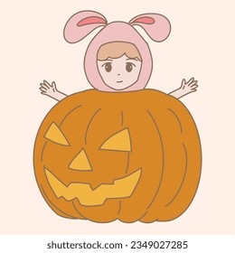 Toddler in bunny hoodies hiding behind big Halloween pumpkin. Kid playing hid and seek. Hand drawn flat cartoon character vector illustration.