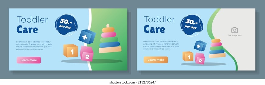 Toddler care online banner template set, kindergarten childcare advertisement, horizontal ad, kids toys campaign webpage, flyer, creative brochure, isolated on background.