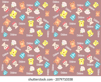 Toddler cartoon character seamless pattern on brown background. children