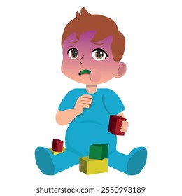 Toddler Child About to Swallow a Cube Toy. Unsupervised infant playing with dangerous objects trying to eat them in risk of chocking.