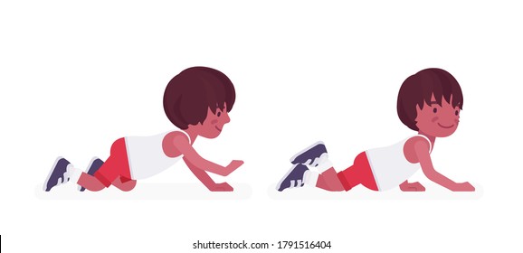 Toddler Child, Black Little Boy Enjoying Crawling. Cute Sweet Happy Healthy Baby Aged 12 To 36 Months, Wearing Comfortable Summer Outfits, Kid Clothes. Vector Flat Style Cartoon Illustration