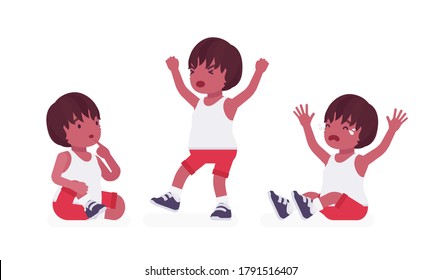 Toddler child, black little boy expressing different emotions. Cute sweet healthy baby aged 12 to 36 months, wearing comfortable summer outfits, kid clothes. Vector flat style cartoon illustration