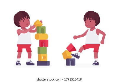 Toddler child, black little boy enjoying playing with stacking cubes, make tower and break. Cute sweet happy healthy baby aged 12 to 36 months in kid clothes. Vector flat style cartoon illustration