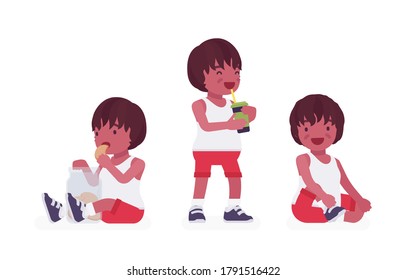 Toddler child, black little boy enjoying eating cookies, drinking. Cute sweet happy healthy baby aged 12 to 36 months, wearing summer outfits, kid clothes. Vector flat style cartoon illustration