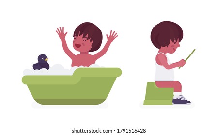 Toddler child, black little boy enjoying bath time, on a potty sitting with tablet device. Cute sweet happy healthy baby aged 12 to 36 months. Vector flat style cartoon illustration