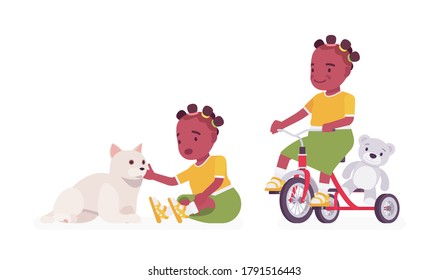 Toddler child, black little girl enjoying play with cat pet, riding tricycle. Cute sweet happy healthy baby aged 12, 36 months, wearing comfortable kid clothes. Vector flat style cartoon illustration