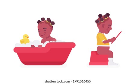 Toddler child, black little girl enjoying bath time, on a potty sitting with tablet device. Cute sweet happy healthy baby aged 12 to 36 months. Vector flat style cartoon illustration