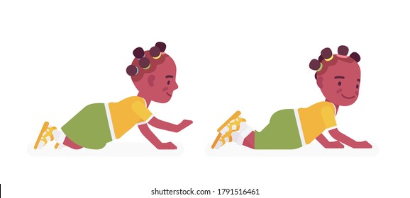 Toddler child, black little girl enjoying crawling. Cute sweet happy healthy baby aged 12 to 36 months, wearing comfortable summer outfits, kid clothes. Vector flat style cartoon illustration