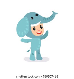 Toddler child in blue elephant jumpsuit. Little boy or girl character having fun at children party. Kid wearing animal costume. Flat vector for banner, card, website
