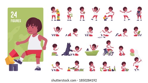 Toddler child, little black boy playing with toys character set, pose sequences. Cute healthy baby 12, 36 months, wearing tee shirt, shorts. Full length, different views, gestures, emotions, positions