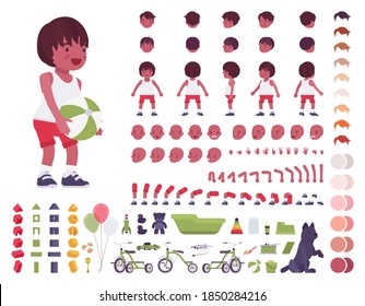 Toddler child, little black boy playing with toys construction set. Cute sweet healthy baby wearing tee shirt, shorts. Vector illustration, different emotions, skin, hair tones