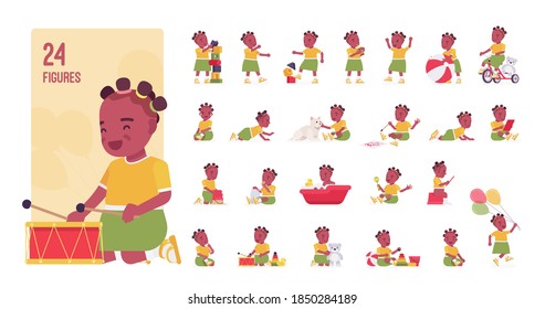 Toddler Child, Little Black Girl Playing With Toys Character Set, Pose Sequences. Cute Healthy Baby Age 12, 36 Months, Wearing Summer Dress. Full Length, Different Views, Gestures, Emotions, Positions